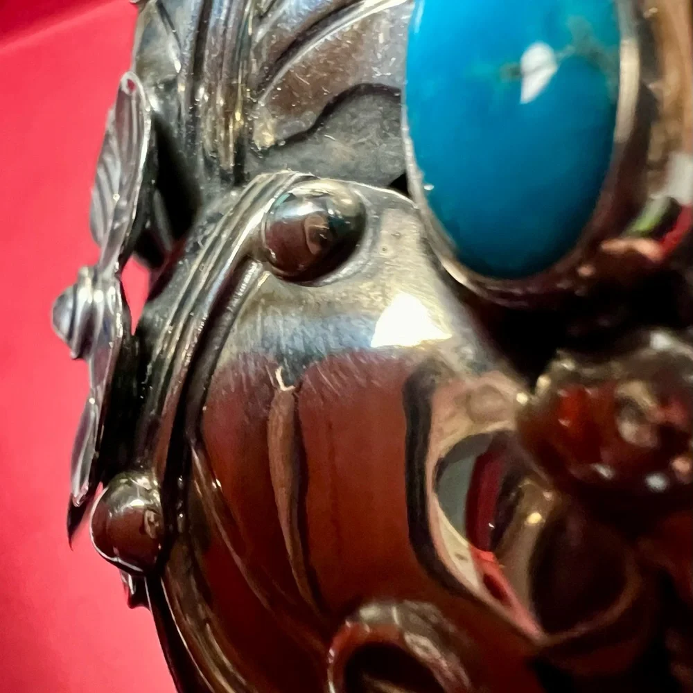 Vintage sterling silver Cuff Bracelet c11 925 Mexico Flower design/ turquoise - Picture 11 of 16